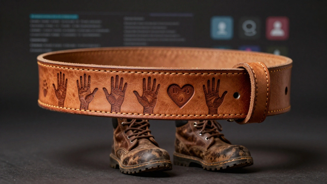 A floating leather belt embedded with personal marks—hands, dates, paw prints—against a blurred digital background.