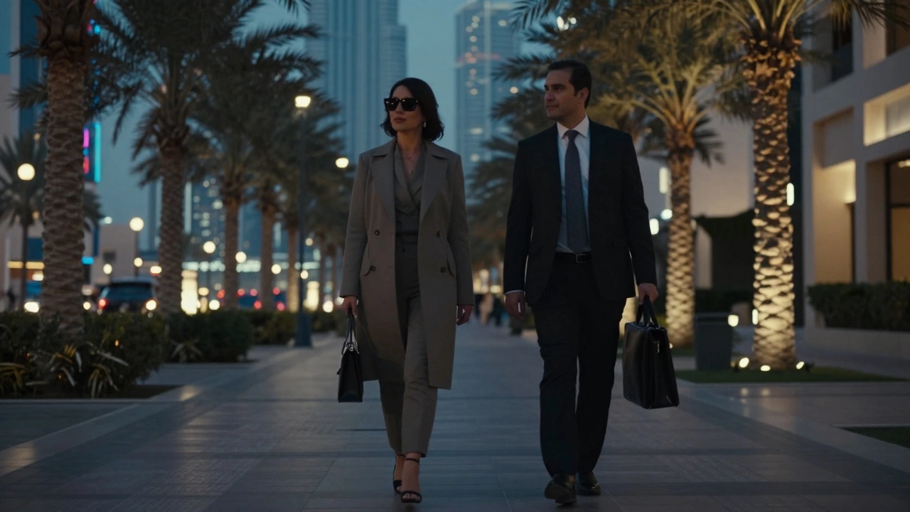 A man and woman walking discreetly outside a Dubai hotel at night, both dressed formally, city lights glowing in the background.