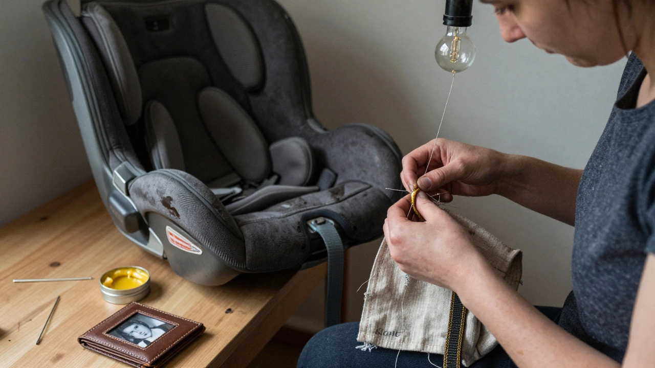 Mia hand-stitching a dog collar under a dim bulb, beeswax and thread visible on her fingers.